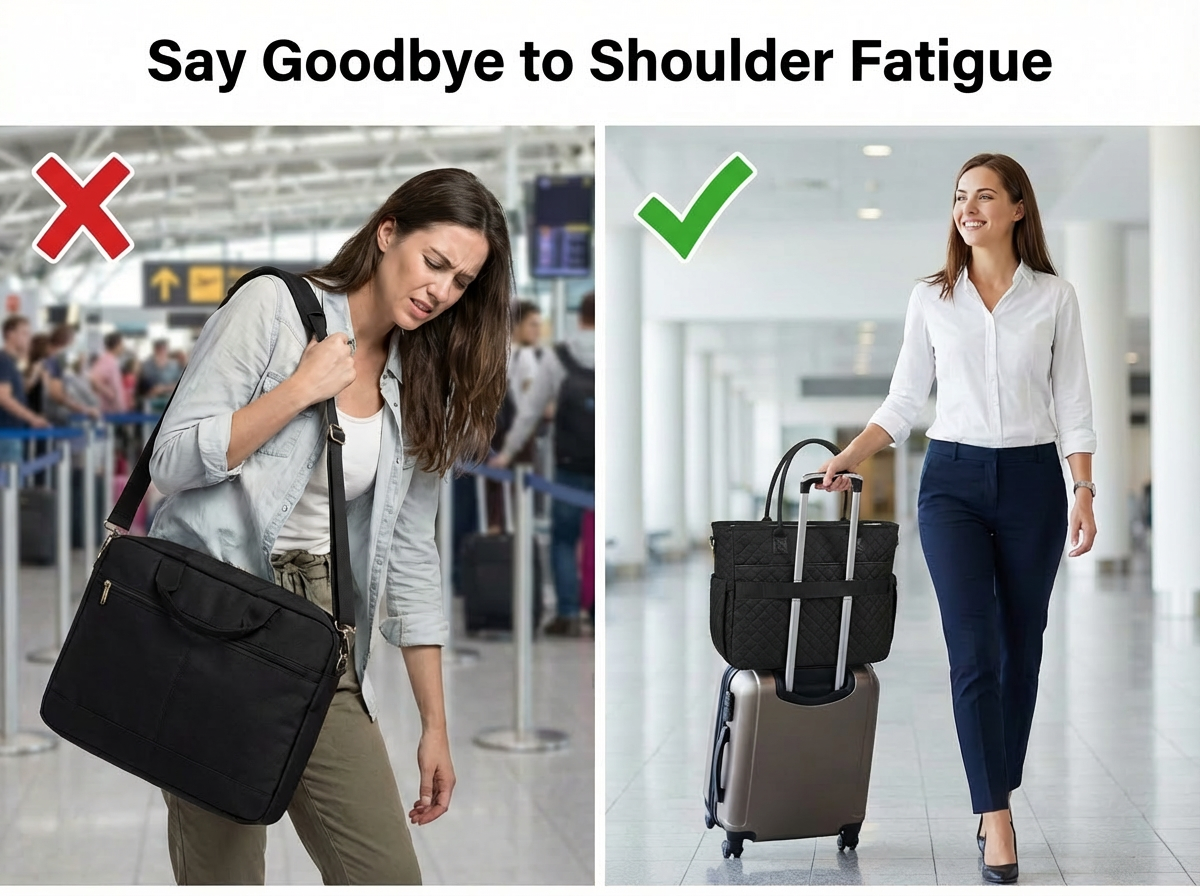 "Comparison graphic showing a woman suffering from shoulder fatigue with a regular bag, contrasted with a smiling traveler effortlessly rolling her suitcase with the black RAINSMORE 5216 laptop tote bag secured by its convenient back luggage strap."