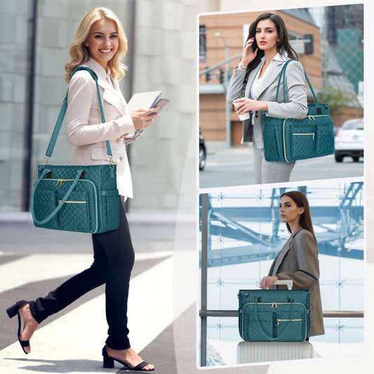 Lifestyle collage showing female teachers and professionals using the RAINSMORE 5216 dark green quilted teacher work bag in different settings. The images demonstrate versatile carrying options: worn as a crossbody bag with the adjustable strap, carried over the shoulder using the sturdy top handles, and securely placed on a rolling suitcase using the convenient back luggage strap for travel
