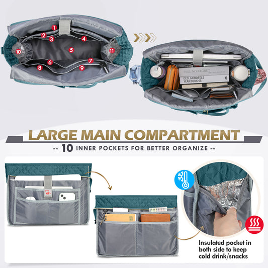 Detailed interior view of the RAINSMORE 5216 dark green quilted tote bag's large main compartment, showcasing advanced compartmentalization. This specific main section features 10 inner pockets—part of the bag's total 21-pocket storage system—including a padded laptop sleeve. Callouts highlight two built-in thermal insulated side pockets designed for temperature control, keeping drinks and snacks cold or warm for hours.