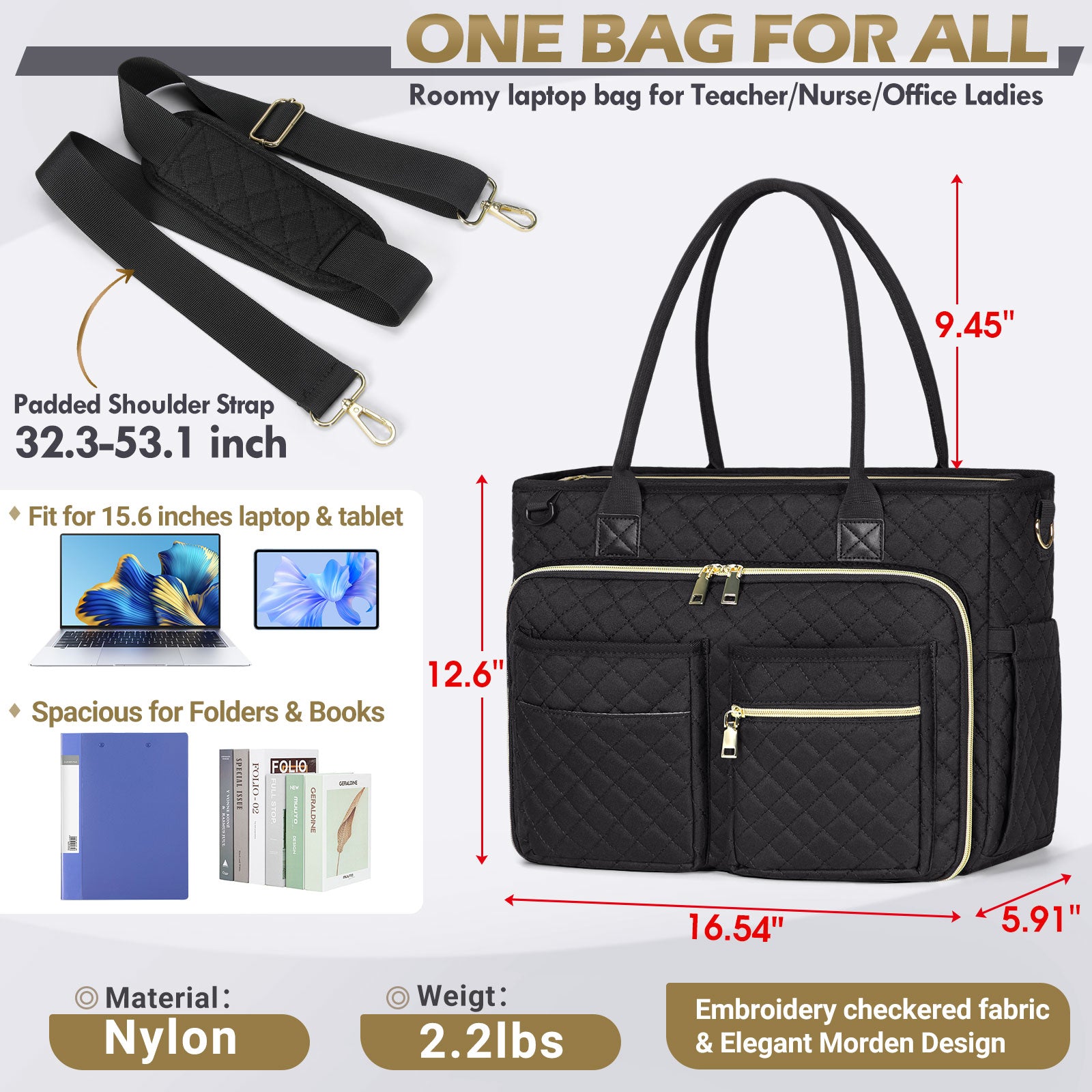 Technical infographic detailing the dimensions and specifications of the RAINSMORE 5216 black quilted professional teacher tote bag. The visual highlights a roomy design measuring 16.54 inches long, 5.91 inches wide, and 12.6 inches high, explicitly demonstrating it fits a 15.6-inch laptop, a tablet, and large folders. Additional callouts feature a lightweight 2.2 lbs construction, a 9.45-inch handle drop, and an adjustable padded shoulder strap extending from 32.3 to 53.1 inches, functioning as an all