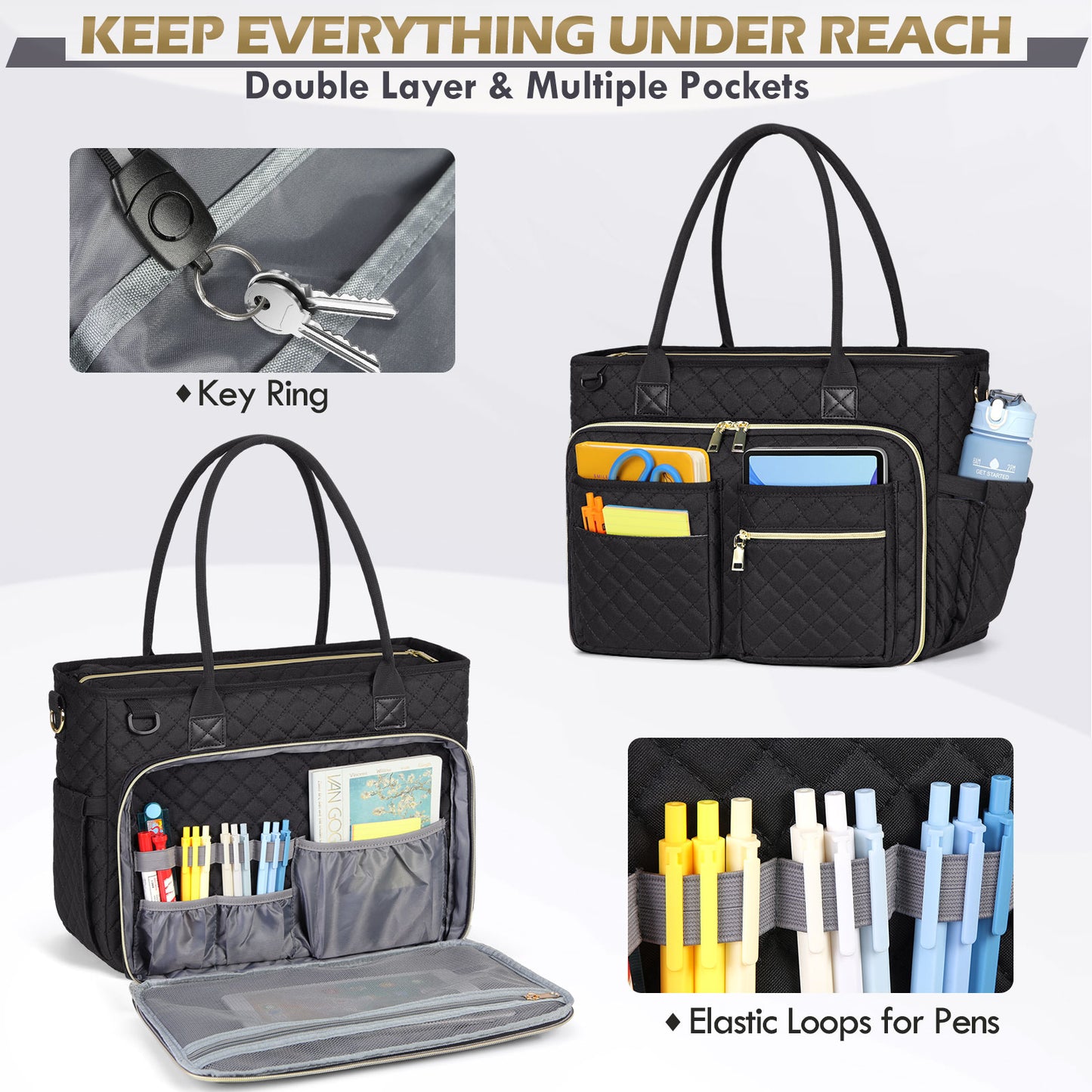 Detailed front view of the RAINSMORE 5216 black quilted laptop tote bag showcasing its advanced front organization system. The fully opened double-layer compartment features elastic loops for securing pens and a built-in key ring to prevent lost items. Multiple quick-access pockets are perfectly sized to store a tablet, sticky notes, and a side water bottle, ensuring all daily essentials are kept neatly in place and within easy reach