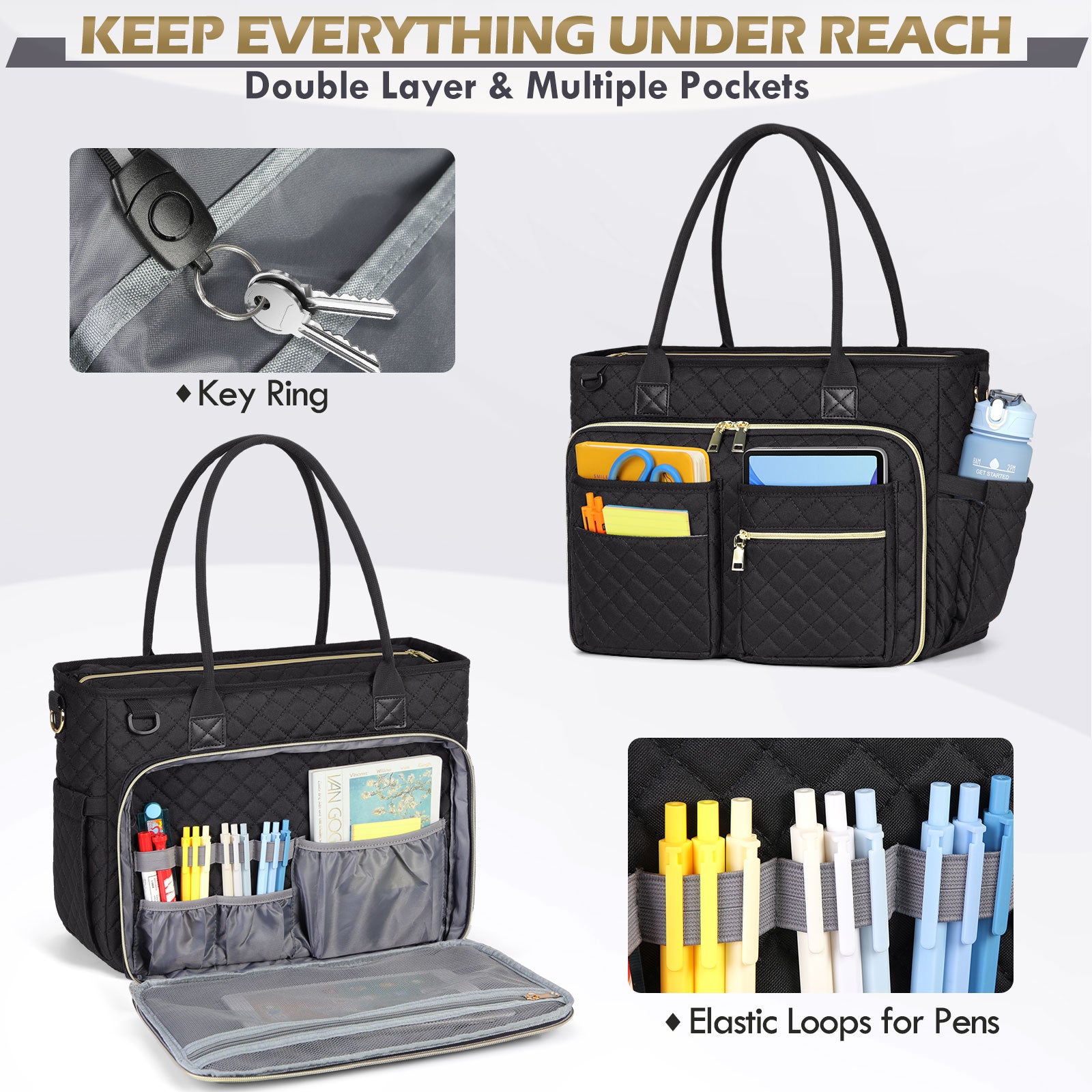 Detailed front view of the RAINSMORE 5216 black quilted laptop tote bag showcasing its advanced front organization system. The fully opened double-layer compartment features elastic loops for securing pens and a built-in key ring to prevent lost items. Multiple quick-access pockets are perfectly sized to store a tablet, sticky notes, and a side water bottle, ensuring all daily essentials are kept neatly in place and within easy reach