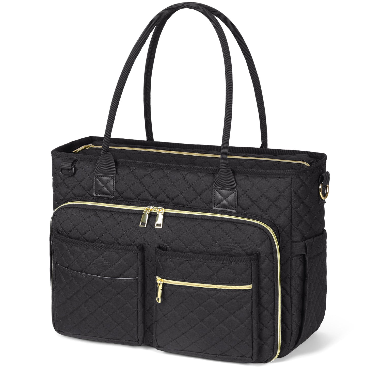 Angled front exterior view of the RAINSMORE 5216 black quilted laptop tote bag. This perspective highlights the bag's structured shape and durable water-resistant fabric. Visible details include sturdy top handles, a spacious double-layer front zip compartment, and a deep side slip-in pocket specifically designed to hold up to a 30oz water bottle