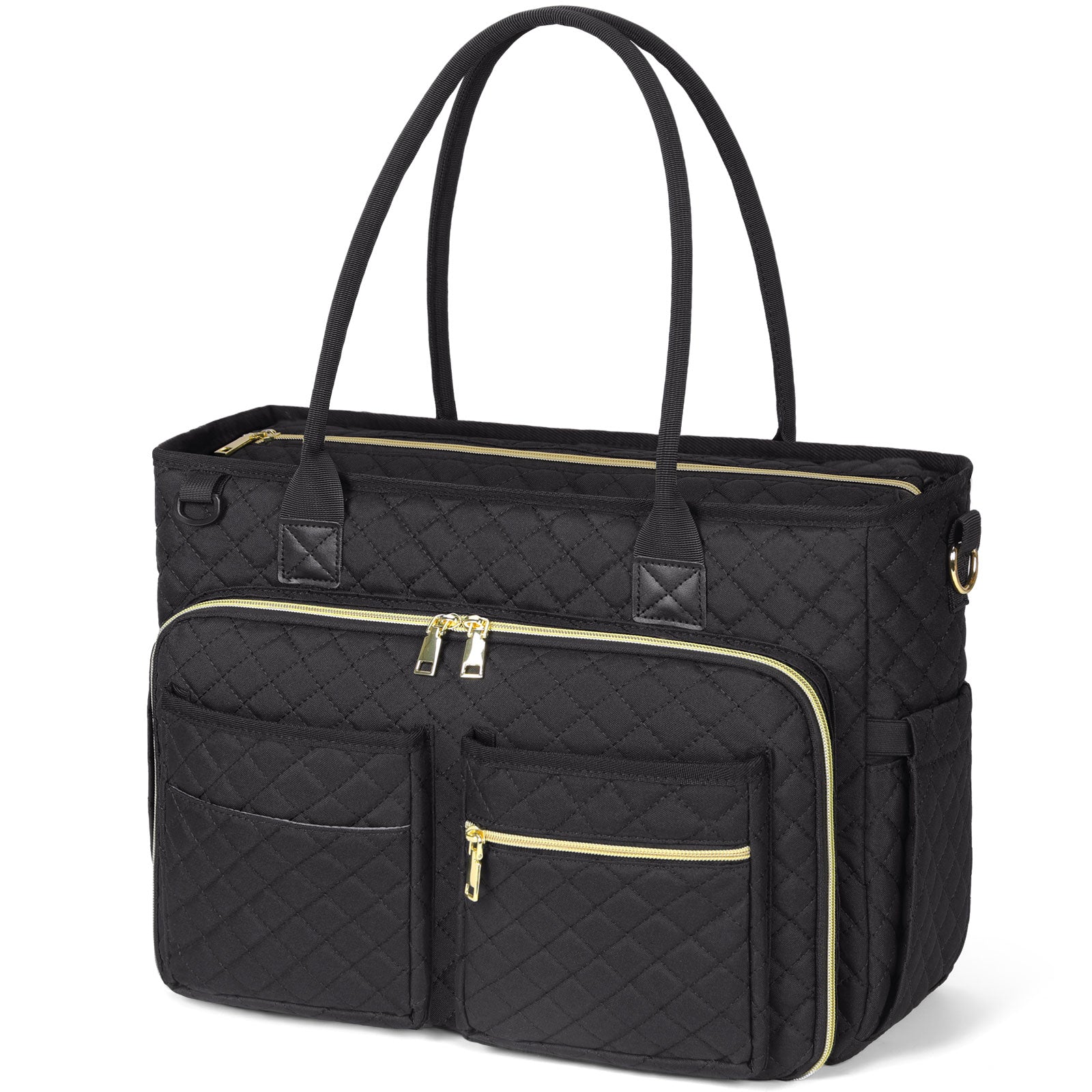 Angled front exterior view of the RAINSMORE 5216 black quilted laptop tote bag. This perspective highlights the bag's structured shape and durable water-resistant fabric. Visible details include sturdy top handles, a spacious double-layer front zip compartment, and a deep side slip-in pocket specifically designed to hold up to a 30oz water bottle