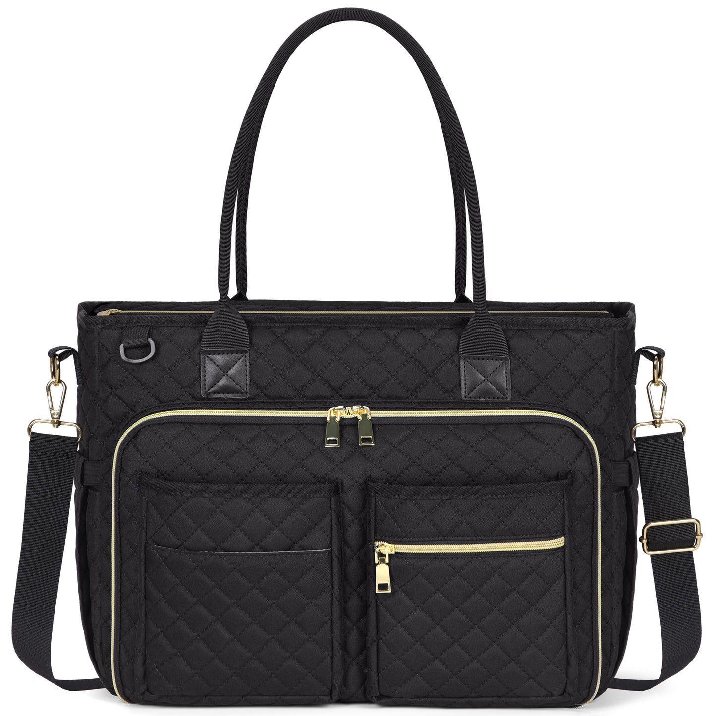 Full front exterior view of the RAINSMORE 5216 black quilted laptop tote bag showcasing its durable water-resistant polyester fabric. The image highlights sturdy top handles, an adjustable padded shoulder strap, and a versatile double-layer front zip compartment. Additional front zip and slip pockets provide optimal quick-access organization for daily essentials.