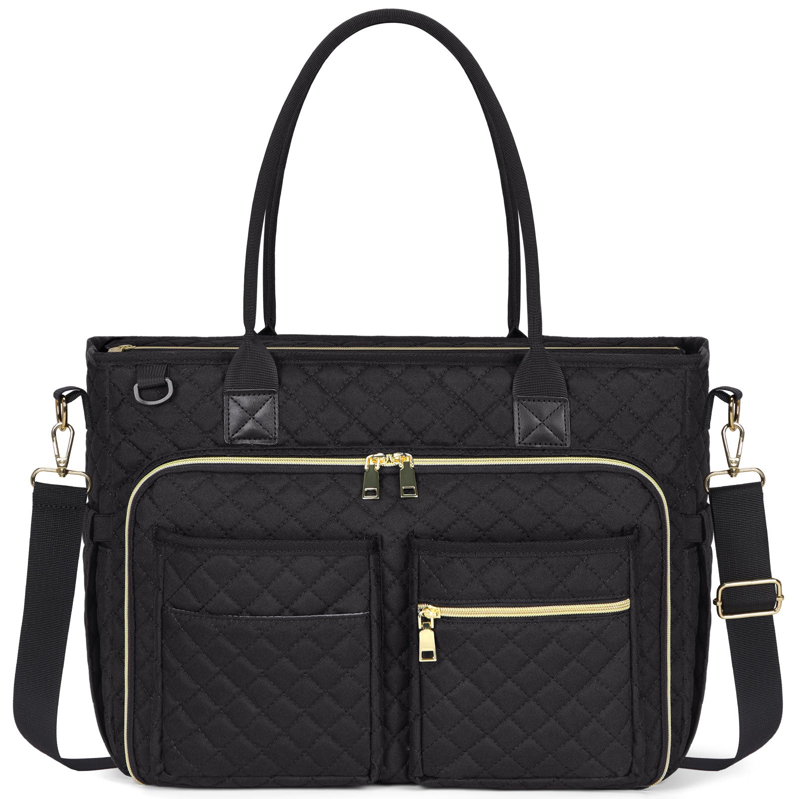 Full front exterior view of the RAINSMORE 5216 black quilted laptop tote bag showcasing its durable water-resistant polyester fabric. The image highlights sturdy top handles, an adjustable padded shoulder strap, and a versatile double-layer front zip compartment. Additional front zip and slip pockets provide optimal quick-access organization for daily essentials.