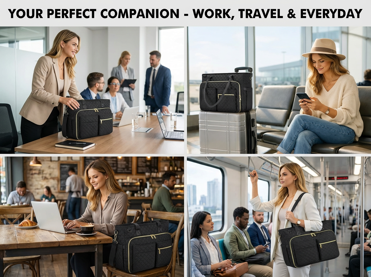 The RAINSMORE 5216 tote bag perfectly combines elegant style with a highly practical design, crafted from durable, water-resistant, and scratch-resistant polyester fabric. Featuring an incredibly powerful organization system, this bag is equipped with 21 pockets inside and out. It includes a dedicated padded sleeve that securely holds up to a 15.6" laptop and a 12.9" iPad, alongside two insulated side pockets to keep your drinks at the right temperature for hours. Designed for ultimate convenience, it featu