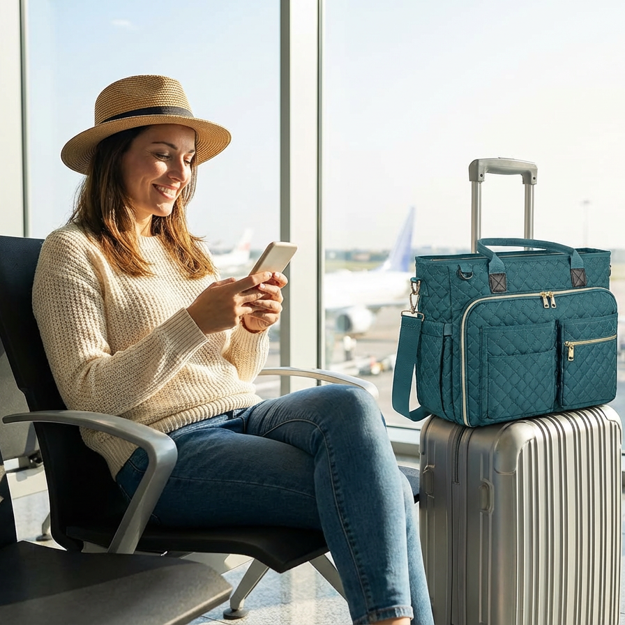 Navigate airports with ease and style with the RAINSMORE 5216 quilted tote bag in Dark Green. Crafted with a professional yet practical design, this tote bag is a game-changer for frequent travelers. It features a smart back luggage strap, allowing it to securely slide over your roller suitcase telescoping handle, giving you a hands-free experience while you focus on your phone or ticket.

Its incredibly spacious interior includes a dedicated padded compartment that safely holds a 15.6" laptop and a 12.9" i