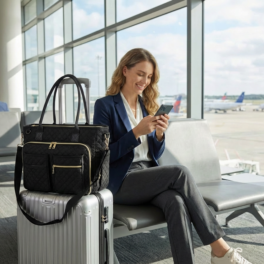 Navigate airports with ease and style with the RAINSMORE 5216 quilted tote bag in black. Crafted with a professional yet practical design, this tote bag is a game-changer for frequent travelers. It features a smart back luggage strap, allowing it to securely slide over your roller suitcase telescoping handle, giving you a hands-free experience while you focus on your phone or ticket.

Its incredibly spacious interior includes a dedicated padded compartment that safely holds a 15.6" laptop and a 12.9" i