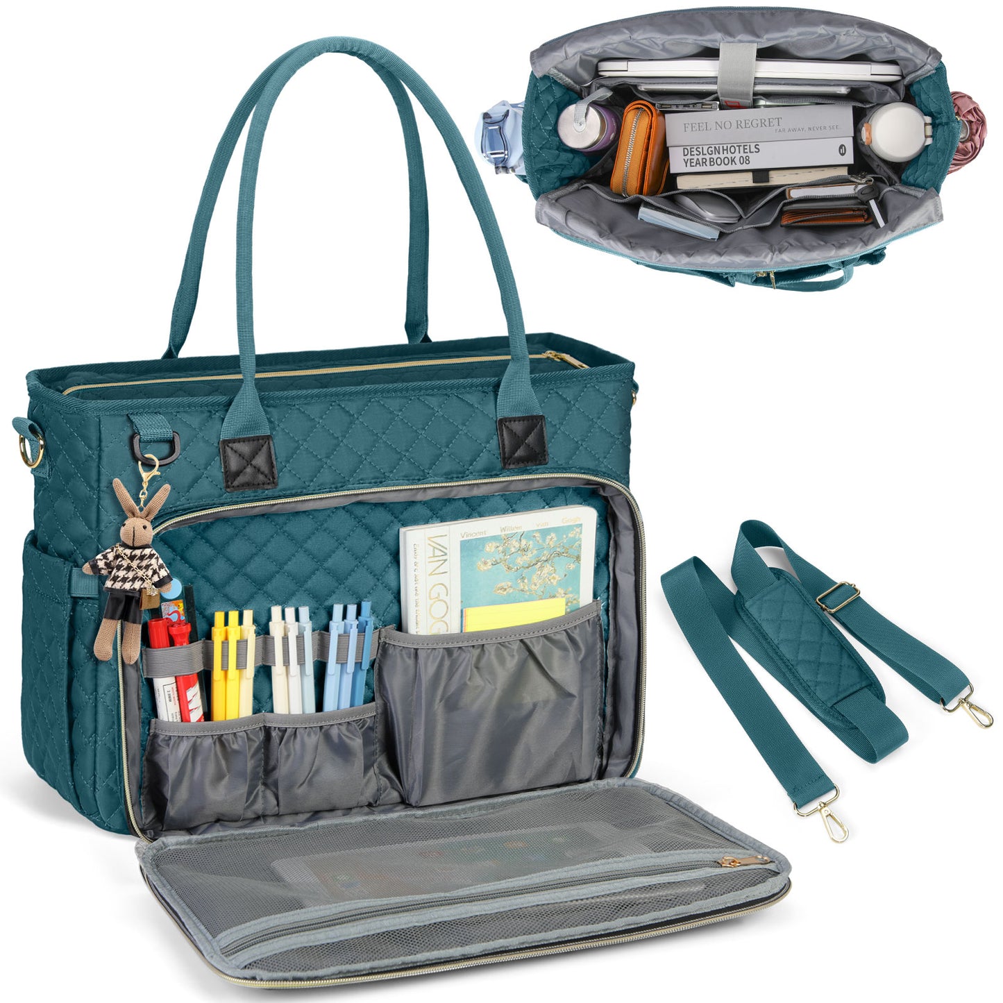 Front view of the RAINSMORE 5216 dark green quilted laptop tote bag showcasing a fully opened double-layer front zip compartment. The organizer panel features 4 elastic pen loops, an open pocket, and a mesh pocket for quick access to essentials. An adjustable padded shoulder strap is displayed alongside a top-down view of the organized main compartment.