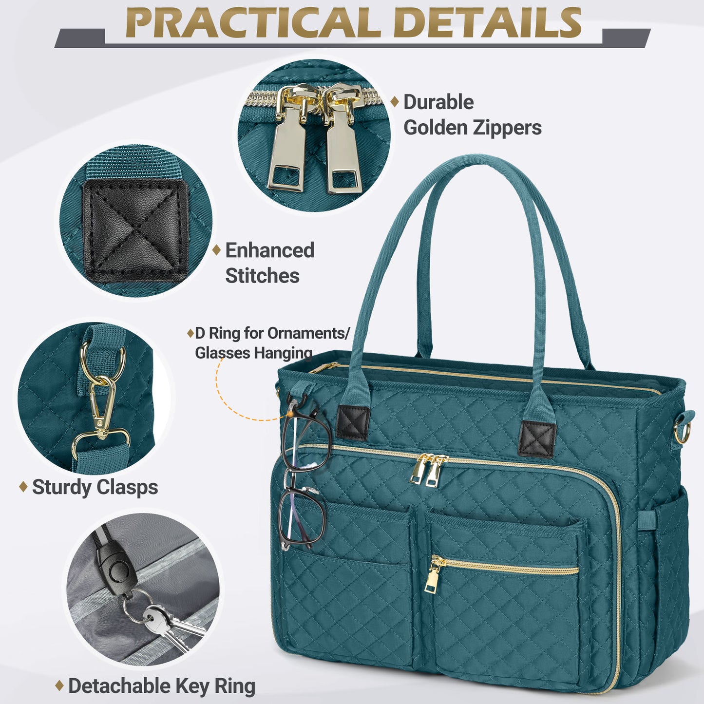 Detailed view of the RAINSMORE 5216 dark green quilted laptop tote bag highlighting premium hardware and practical details. Close-up callouts showcase durable golden zippers, enhanced stitching at stress points for longevity, sturdy metal clasps, a front D-ring for hanging glasses or ornaments, and a convenient internal detachable key ring