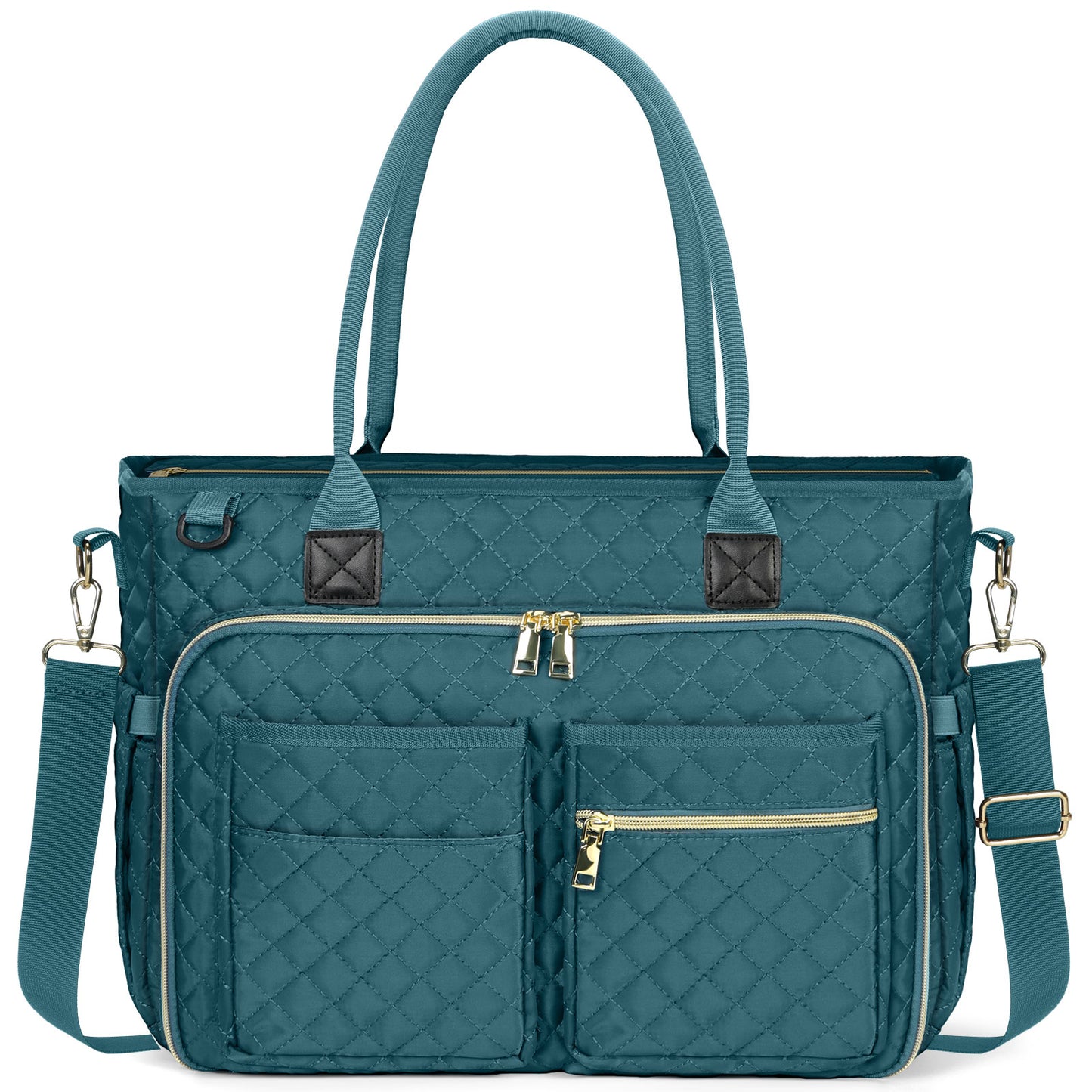 Full front exterior view of the RAINSMORE 5216 dark green quilted laptop tote bag. The image showcases the water-resistant fabric, sturdy top handles, and an adjustable padded shoulder strap. The front features a large double-layer zip compartment along with additional front zip and slip pockets for optimal quick-access organization