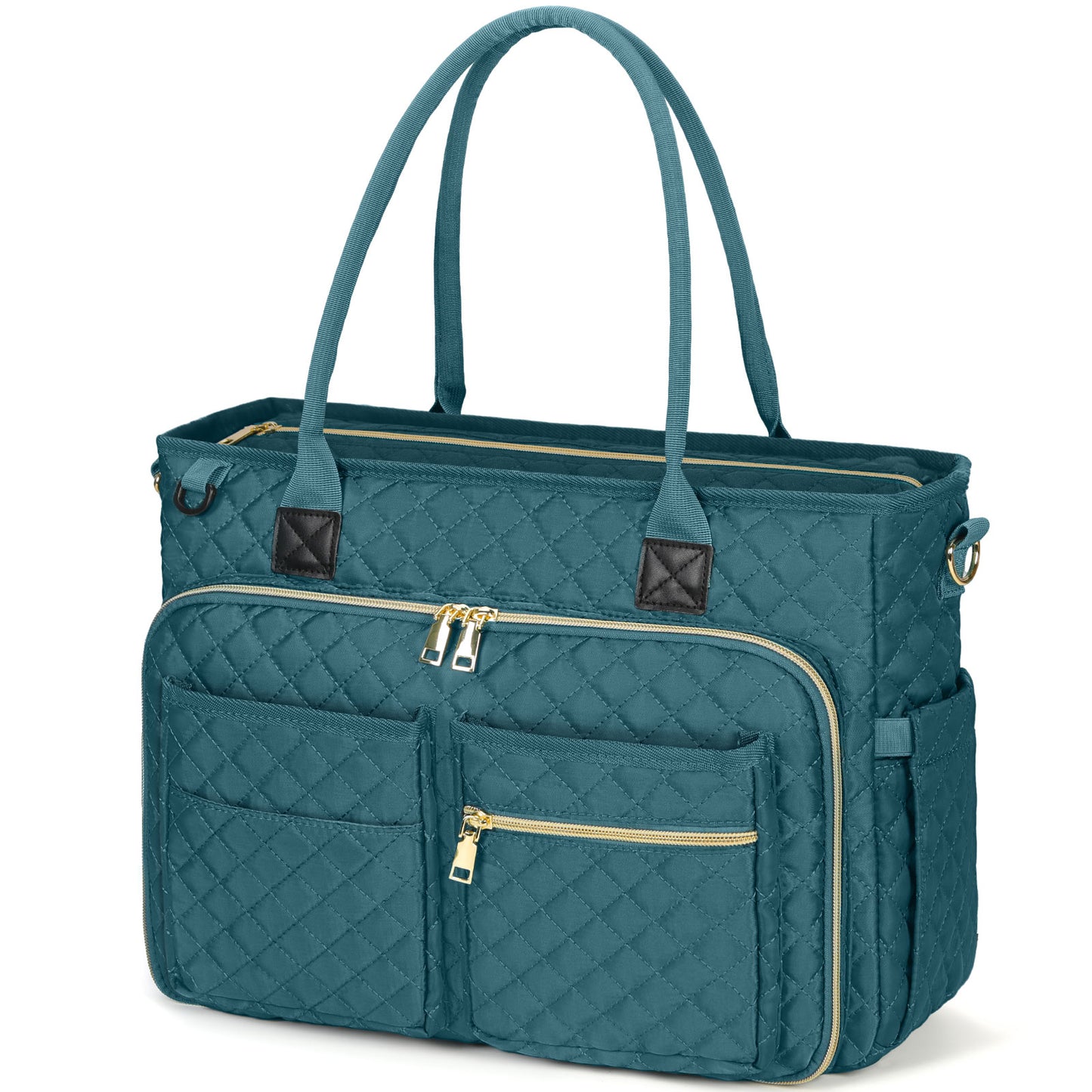 Angled front exterior view of the RAINSMORE 5216 dark green quilted laptop tote bag. This perspective highlights the bag's structured shape and durable water-resistant fabric. Visible details include sturdy top handles, a spacious double-layer front zip compartment, and a deep side slip-in pocket specifically designed to hold up to a 30oz water bottle