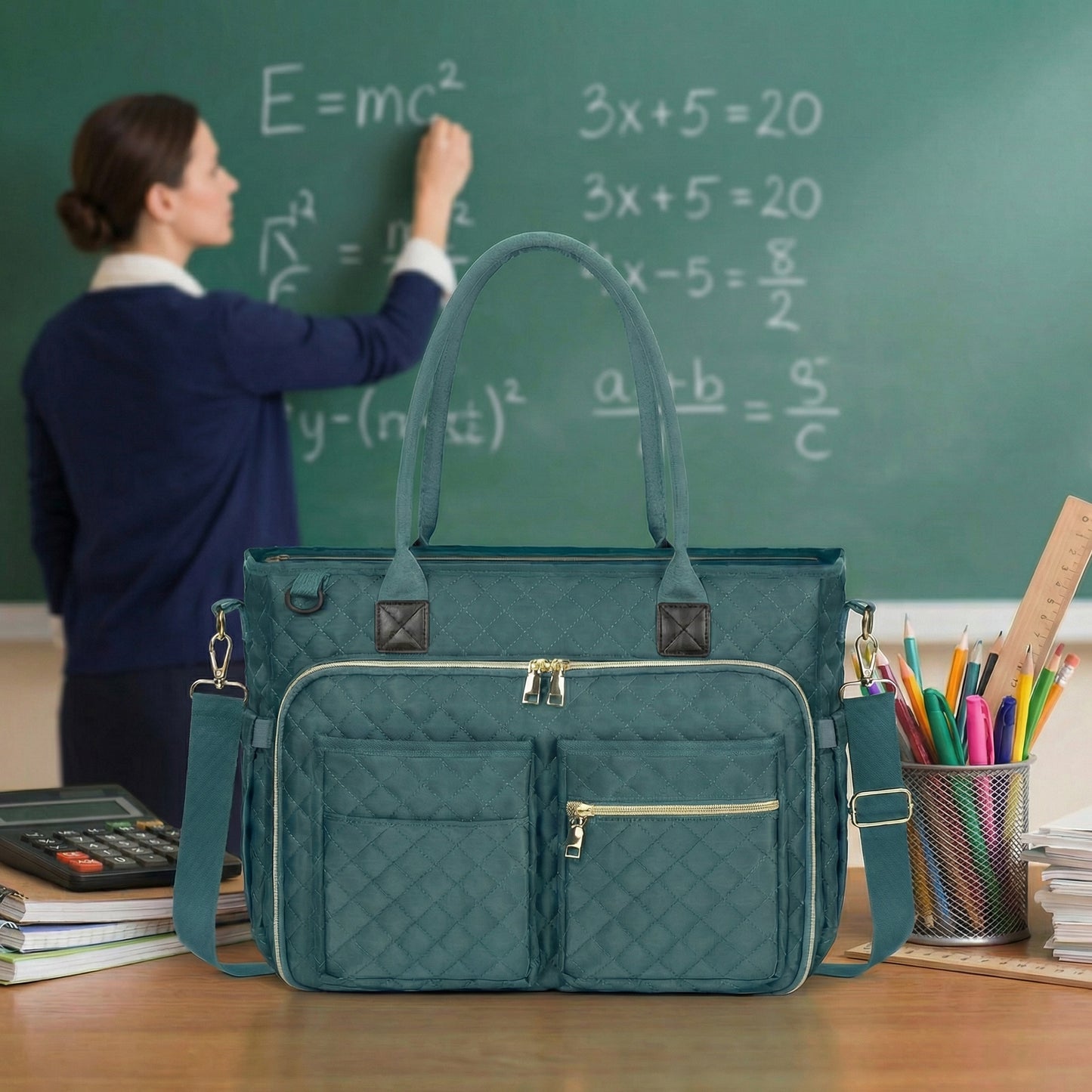 The RAINSMORE 5216 dark green quilted professional educator tote bag serves as an organized mobile workstation on a classroom desk. Built for teachers carrying a massive payload of grading materials and technology, it features a padded sleeve that securely fits up to a 15.6'' laptop plus a 12.9'' iPad. Overcoming traditional bottomless bags, its 21-pocket storage system  keeps all items neatly in place. This allows educators to transition seamlessly between lessons while maintaining a polished look
