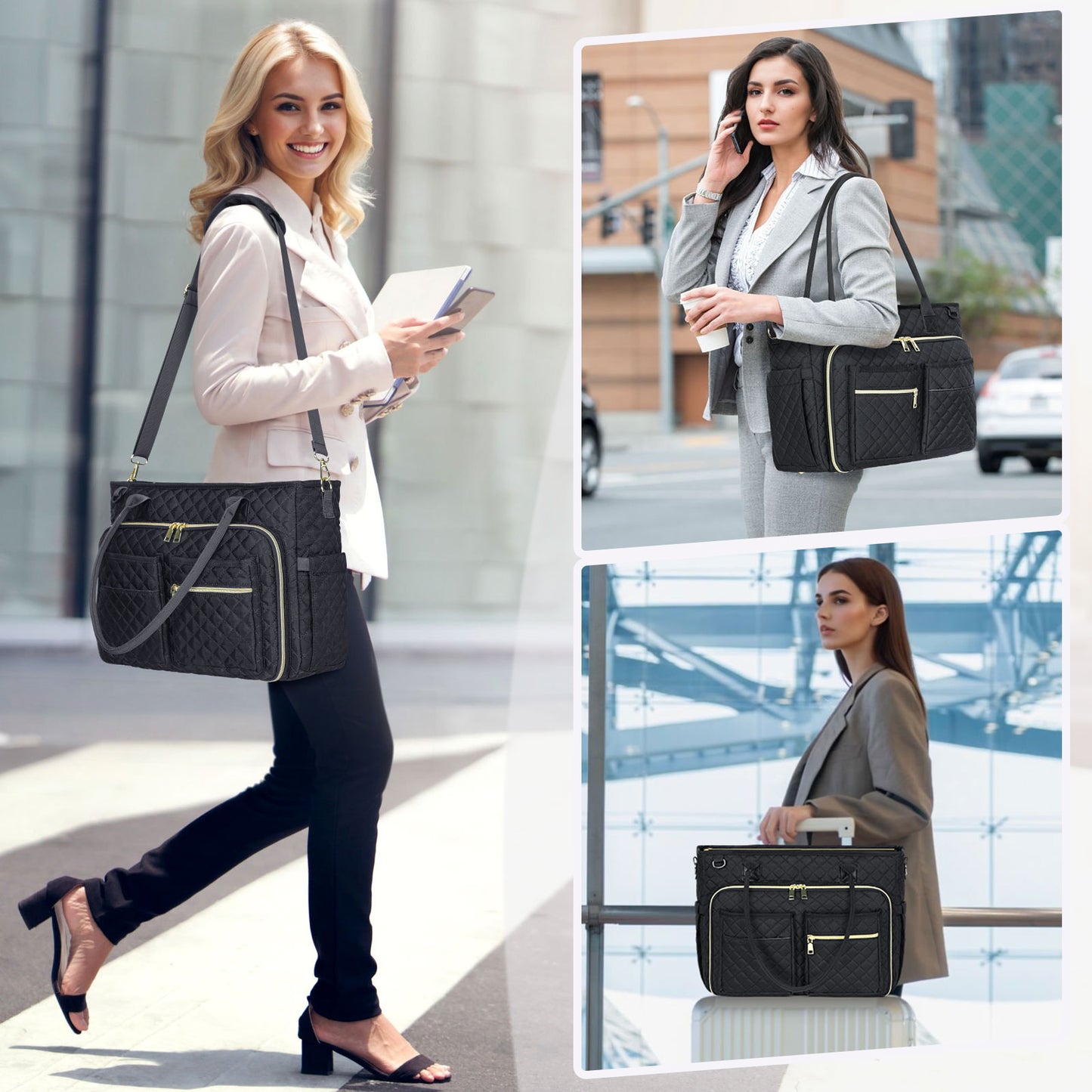 Lifestyle collage demonstrating the commuting versatility of the RAINSMORE 5216 black quilted professional teacher work bag. Designed to eliminate travel fatigue for educators, it features an adjustable padded shoulder strap for comfortable crossbody wear, distributing the weight of heavy tech and grading materials. For school trips or academic conferences, a built-in luggage strap seamlessly secures the tote to rolling suitcases, completely freeing hands for coffee or phones on the go
